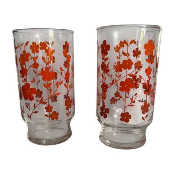 VTG Libby (?) Orange Flower Floral Drinking Glasses (2) Tumbler MCM Cottagecore - Picture 1 of 6